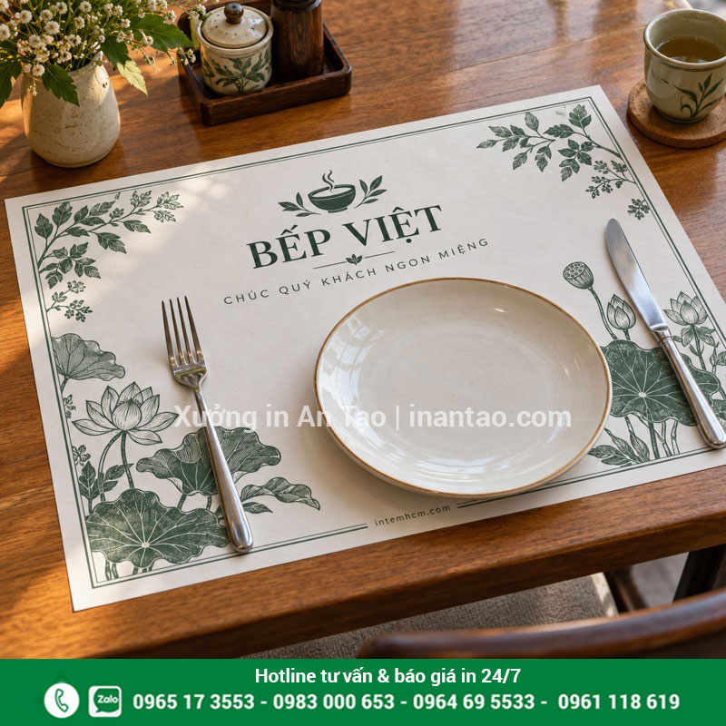 Mẫu in giấy lót bàn nhà hàng tại intemhcm.com Mẫu giấy lót bàn in họa tiết xanh đặt dưới đĩa sứ trên bàn nhà hàng