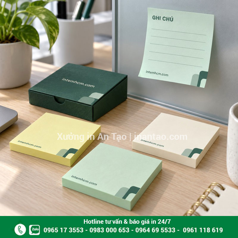 Giấy note có keo dán phía sau in theo yêu cầu Giấy note màu vàng, kem và xanh nhạt in website, một tờ dán trên vách kính