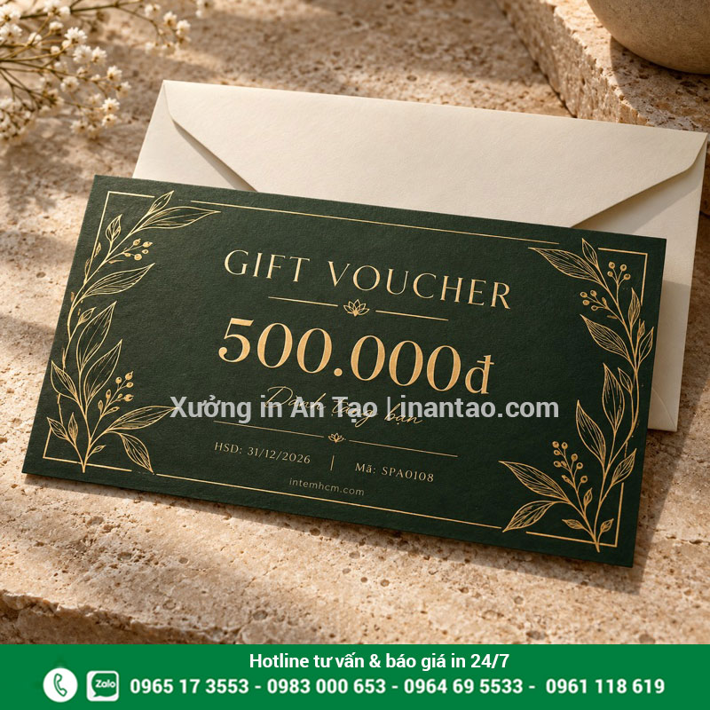 Mẫu gift voucher spa kèm phong bì Gift voucher spa màu xanh đậm mệnh giá 500.000 đồng kèm phong bì kem