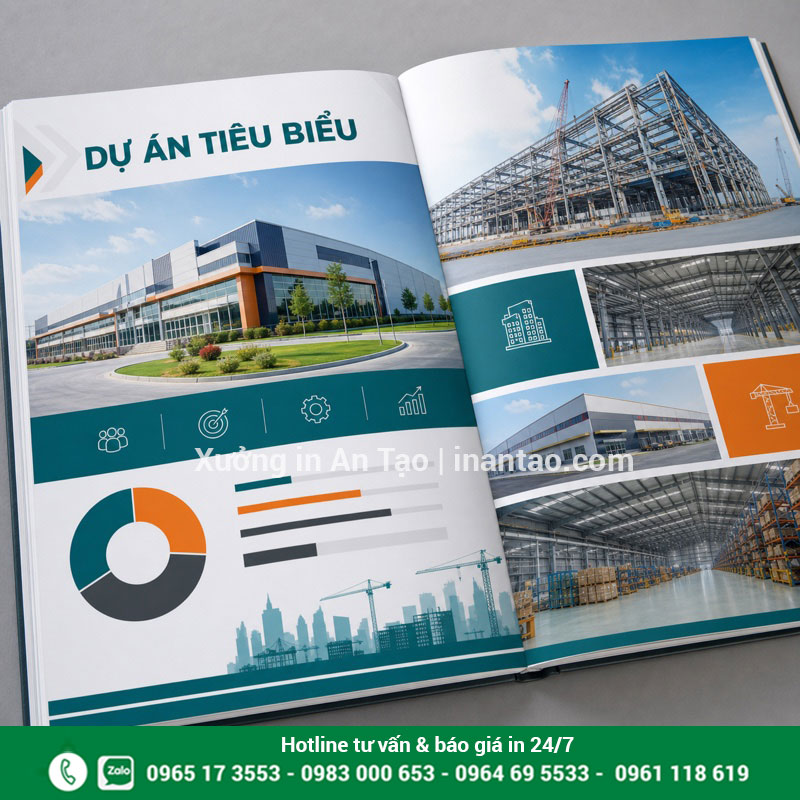 In hồ sơ năng lực màu chuẩn hình ảnh doanh nghiệp Ruột in hồ sơ năng lực màu với hình dự án và biểu đồ sắc nét