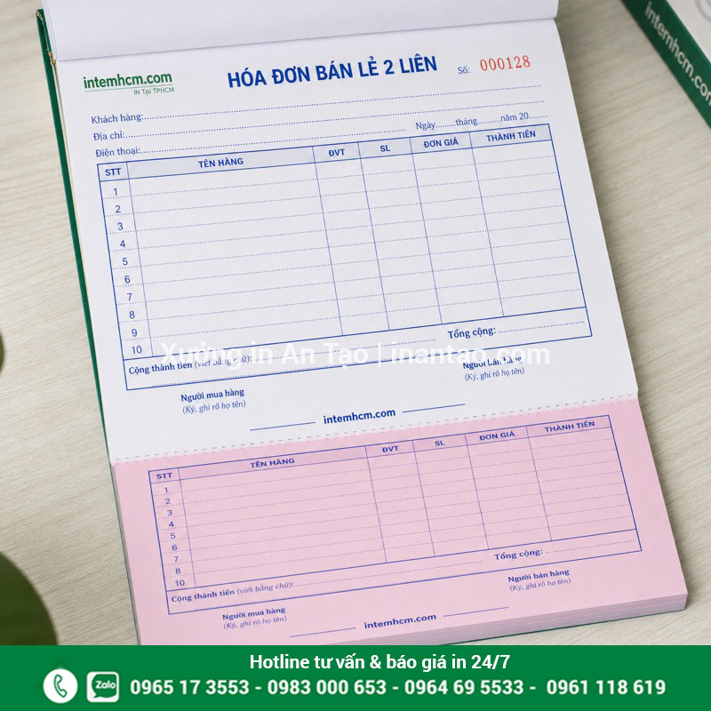 Mẫu in hóa đơn bán lẻ 2 liên carbonless In hóa đơn bán lẻ 2 liên giấy trắng hồng có số nhảy