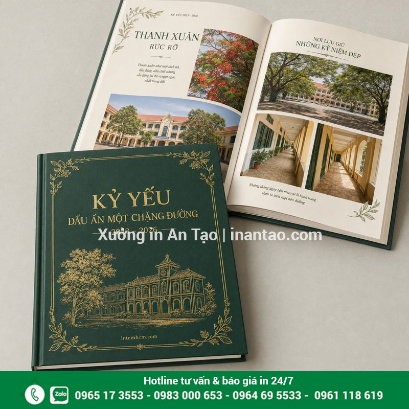 Mẫu in kỷ yếu bìa cứng với thiết kế xanh và nhũ vàng Mẫu kỷ yếu bìa cứng xanh ép kim và cuốn mở trên nền sáng