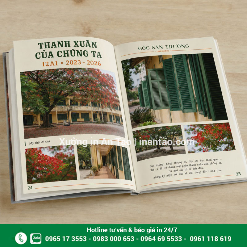 Bố cục trang ruột kỷ yếu lớp với hình ảnh sân trường Trang kỷ yếu lớp 12A1 với ảnh sân trường và bố cục xanh kem