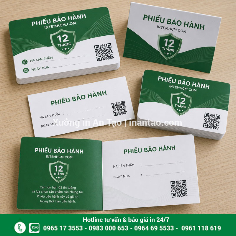 In phiếu bảo hành theo yêu cầu tại intemhcm.com Mẫu in phiếu bảo hành màu xanh hoàn thiện tại intemhcm.com