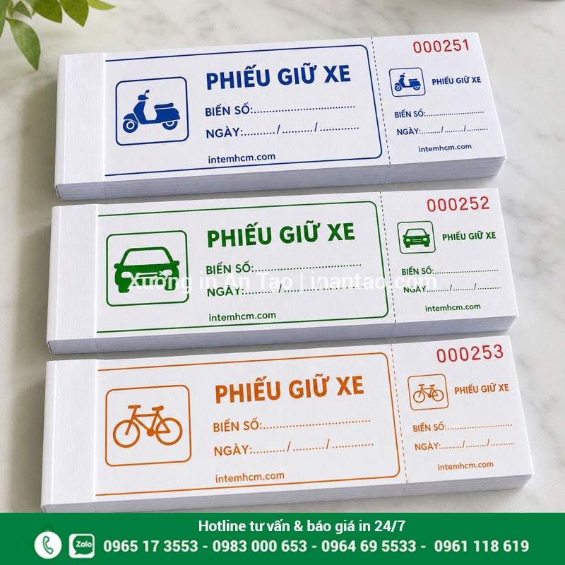 In phiếu giữ xe theo yêu cầu tại intemhcm.com Mẫu in phiếu giữ xe có cuống răng cưa và số nhảy