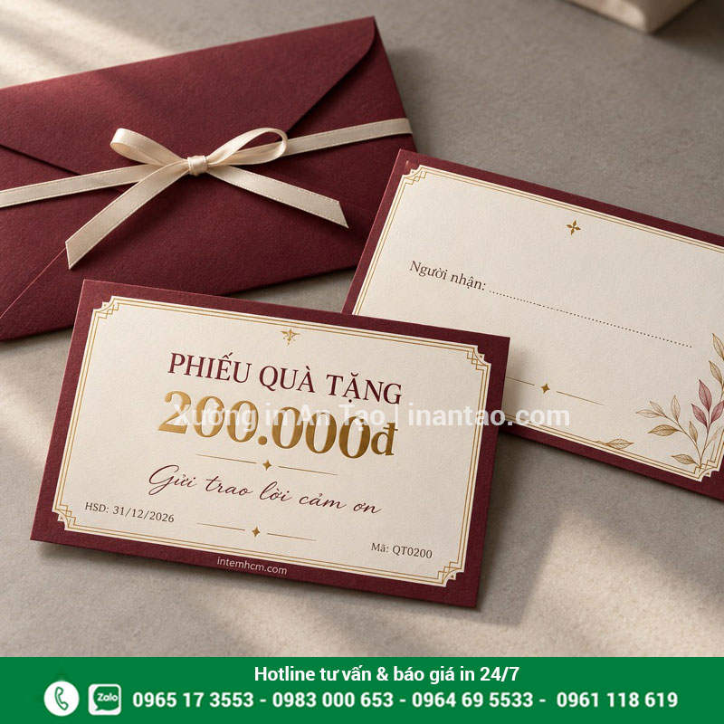 Mẫu phiếu quà tặng 200.000 đồng kèm phong bì Phiếu quà tặng màu đỏ rượu mệnh giá 200.000 đồng đặt cùng phong bì và ruy băng