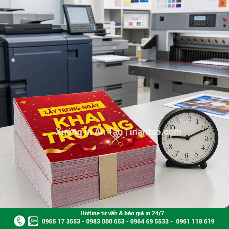 In tờ rơi lấy trong ngày tại TPHCM Chồng tờ rơi khai trương in nhanh đặt cạnh máy in và đồng hồ