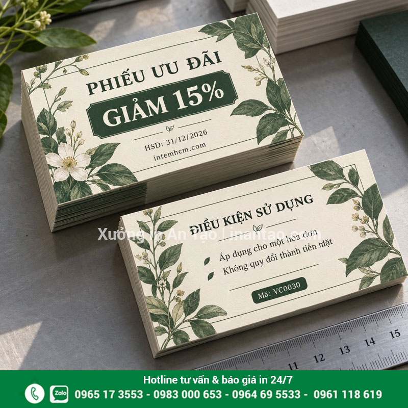 Mẫu voucher hai mặt cho đơn số lượng ít Mẫu voucher hai mặt màu xanh kem với mức giảm 15% và điều kiện sử dụng