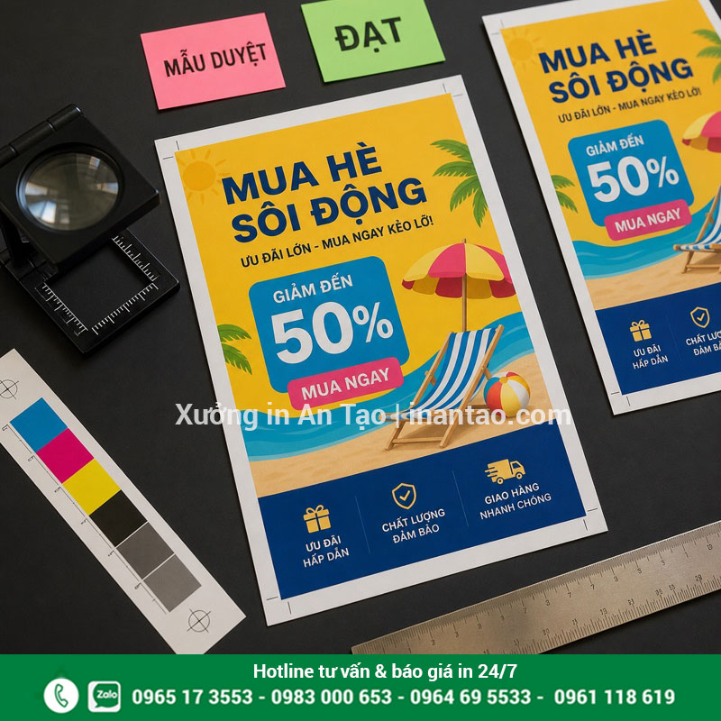 Kiểm tra chất lượng tờ rơi trước khi giao Kiểm tra màu CMYK độ nét và kích thước cắt của tờ rơi