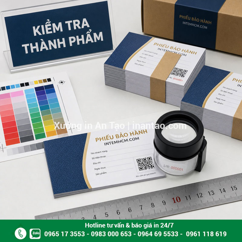 Kiểm tra phiếu bảo hành thành phẩm trước khi giao Kiểm tra màu sắc, kích thước, mã QR và đóng gói phiếu bảo hành