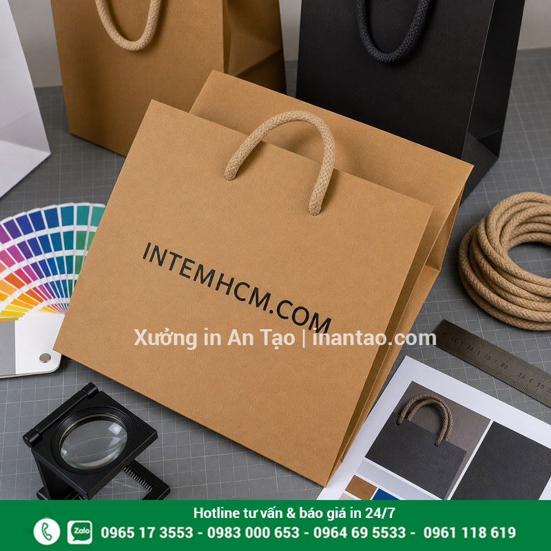 Kiểm tra chất lượng túi giấy thành phẩm Kiểm tra màu in, dây xách và kích thước túi giấy thành phẩm