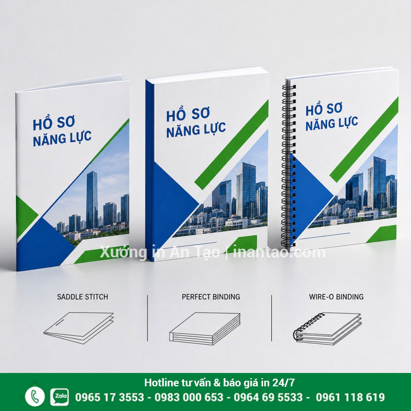 Các kiểu đóng cuốn khi in profile Ba kiểu đóng cuốn profile gồm ghim giữa, keo gáy và lò xo