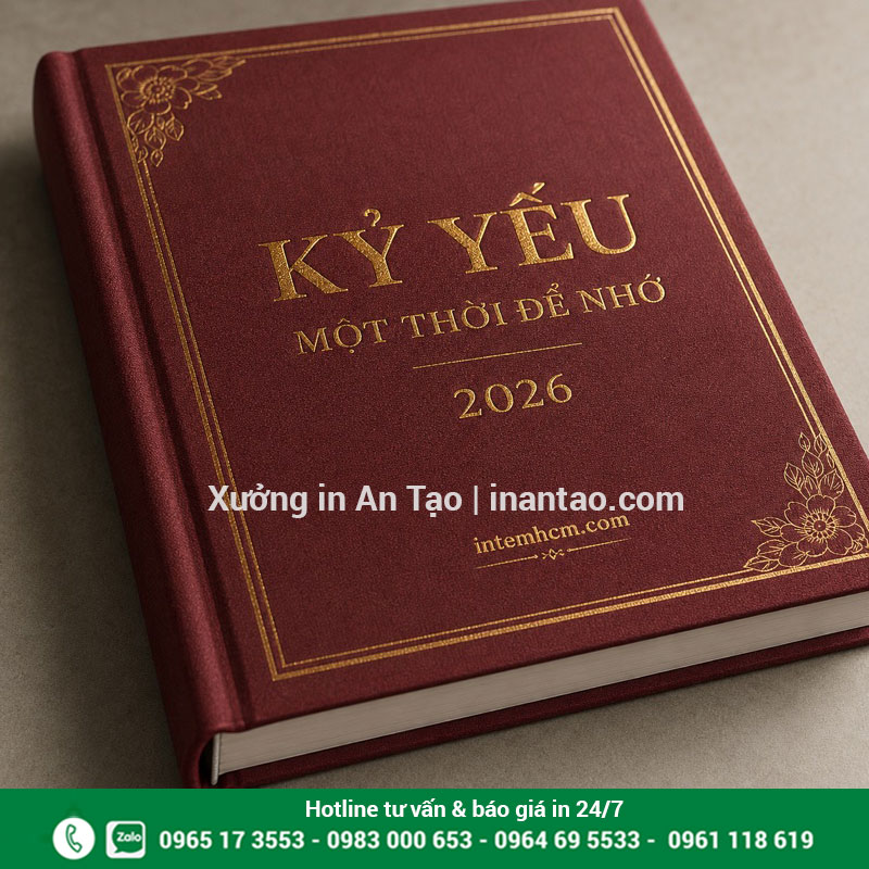 Chi tiết bìa kỷ yếu đỏ ép kim vàng Cận cảnh bìa kỷ yếu đỏ với chữ ép kim vàng và gáy sách
