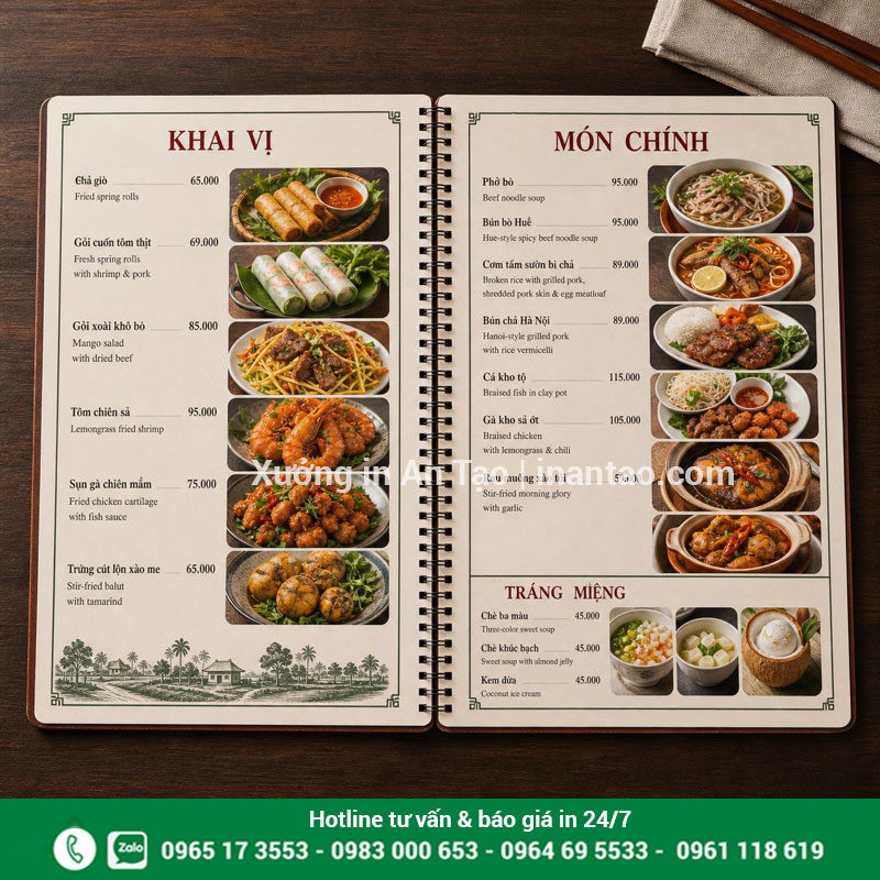 Mẫu menu nhựa cho quán ăn và nhà hàng Mẫu menu nhựa quán ăn trình bày món và giá rõ ràng