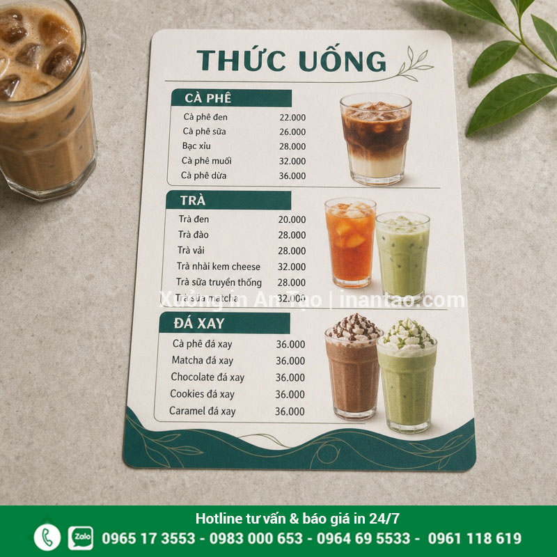 Menu nhựa PVC cho quán cà phê và trà sữa Menu nhựa đồ uống bề mặt mờ dễ đọc dưới ánh đèn