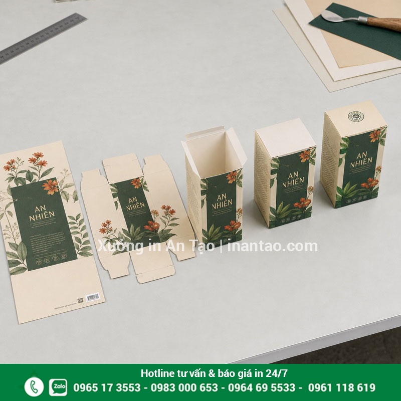 Quy trình in hộp giấy và bế dán thành phẩm Các bước từ tờ in, bế khuôn, gấp đến hộp giấy hoàn thiện