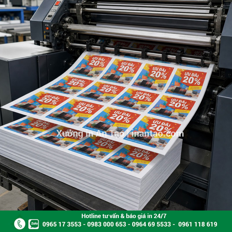 Quy trình in offset tờ rơi số lượng lớn Máy offset đang in tờ rơi quảng cáo nhiều màu trên tờ in lớn