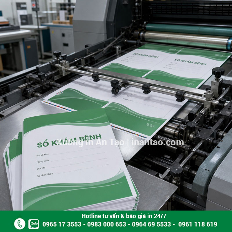 Quy trình in sổ khám bệnh tại xưởng Máy offset đang in sổ khám bệnh với bìa xanh rõ nét