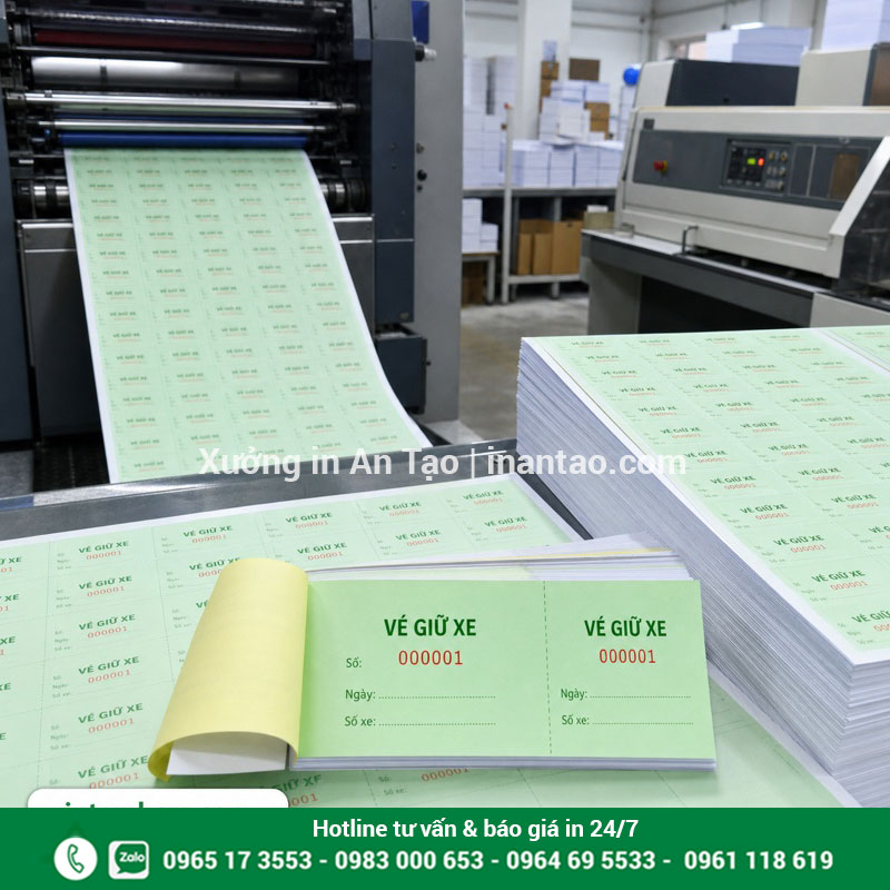 Sản xuất vé giữ xe tại xưởng in Quy trình in vé giữ xe trên máy và gia công thành cuốn