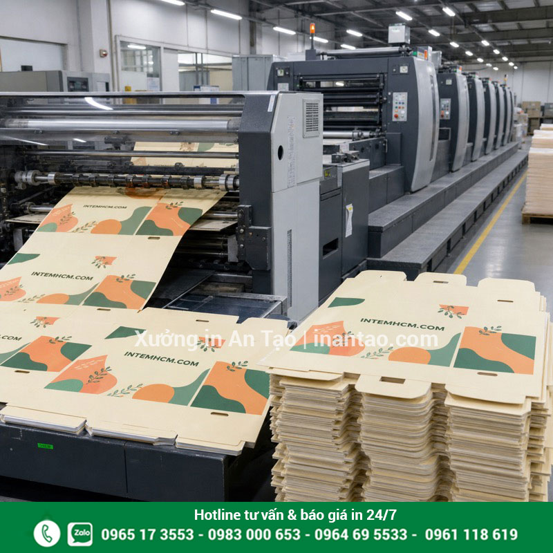 Quy trình sản xuất tại xưởng in túi giấy Máy in offset và phôi túi giấy đang được sản xuất tại xưởng