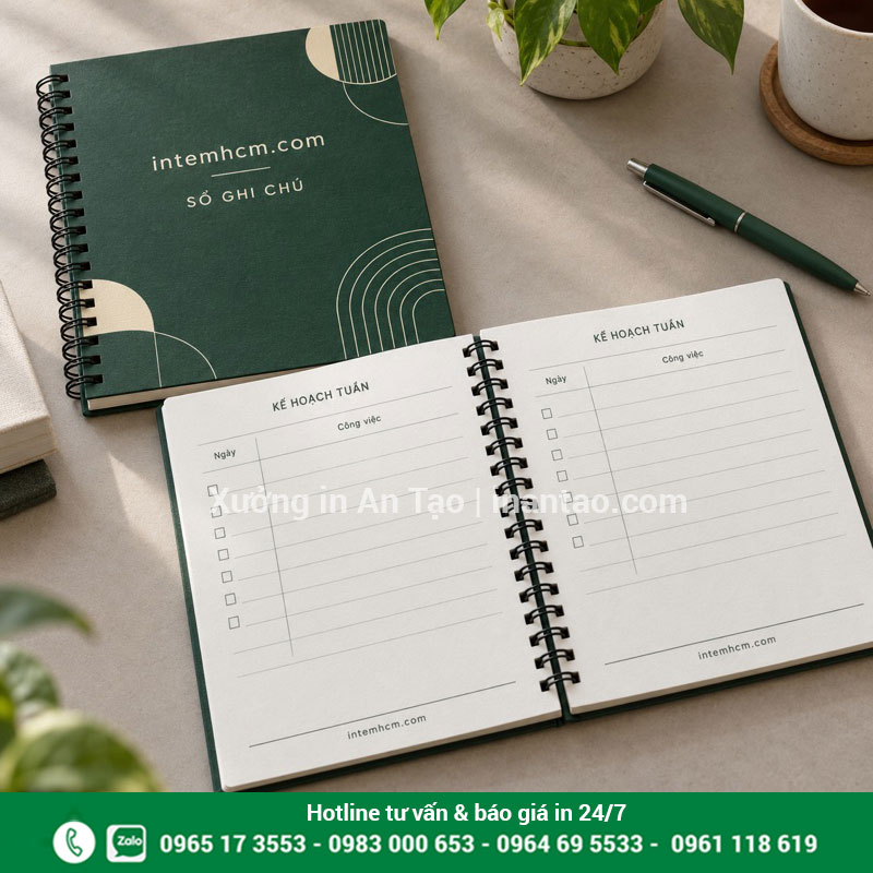 Sổ ghi chú in logo với ruột kế hoạch tuần Sổ ghi chú lò xo bìa xanh intemhcm.com và trang ruột có ô kế hoạch tuần