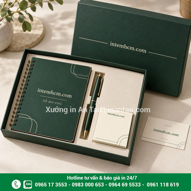 Bộ sổ note quà tặng doanh nghiệp Hộp quà xanh gồm sổ note, bút và tập giấy ghi chú in intemhcm.com