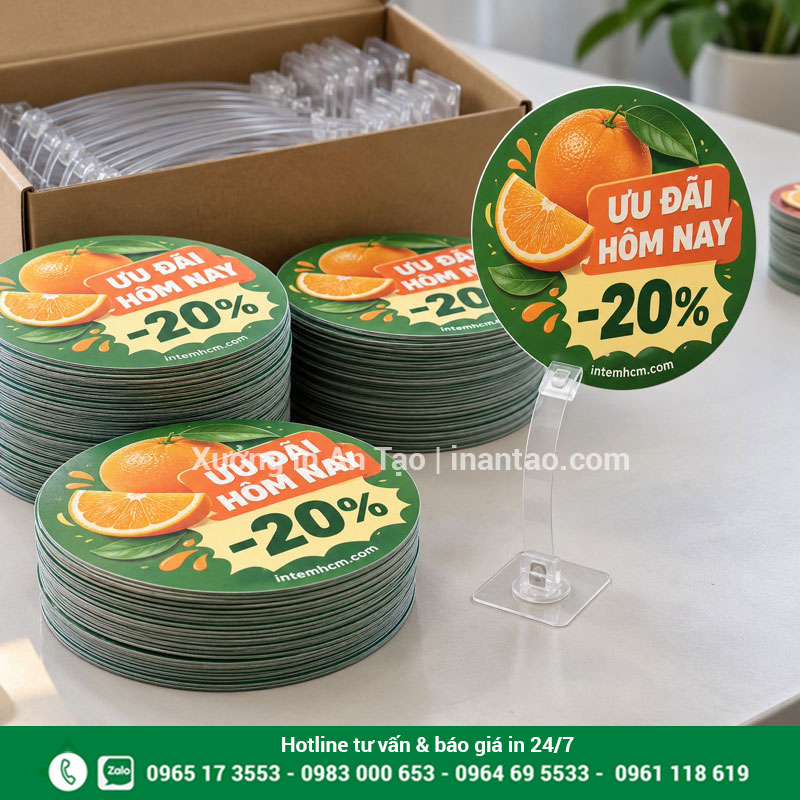 Kiểm tra thành phẩm trước khi đóng gói Các mặt biển khuyến mãi đã bế xếp gọn cạnh mẫu lắp thanh nhựa hoàn chỉnh