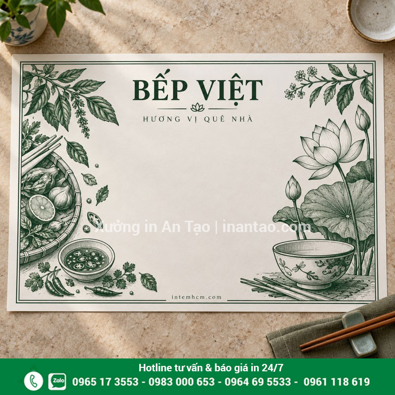 Thiết kế in giấy lót bàn ăn theo nhận diện nhà hàng Thiết kế giấy lót bàn có logo Bếp Việt và viền hoa lá màu xanh