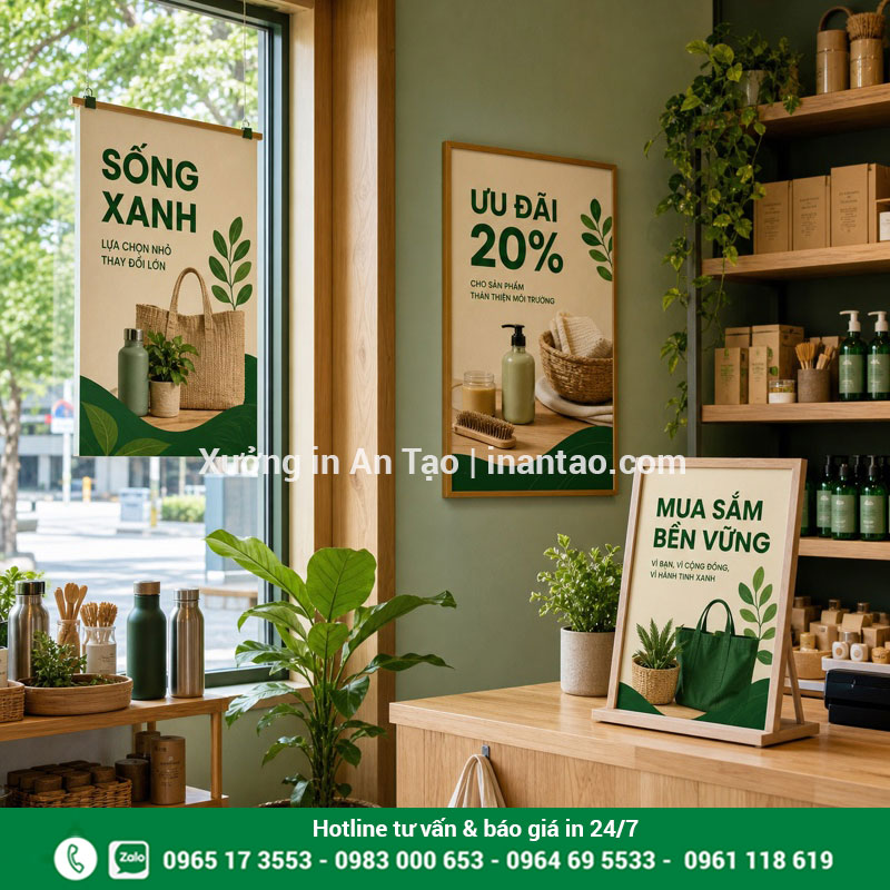 Poster quảng cáo tại cửa kính, tường và quầy Ứng dụng in poster quảng cáo tại cửa hàng bán lẻ