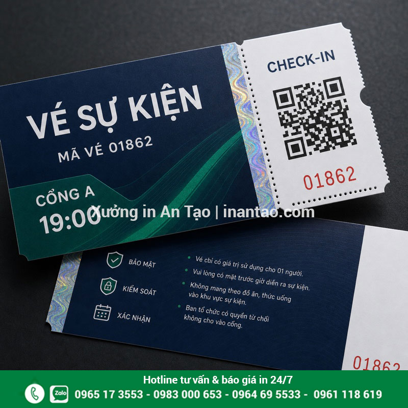 Gia công QR số nhảy và rãnh xé cho vé sự kiện Vé sự kiện có mã QR, số nhảy, rãnh xé và dải bảo mật