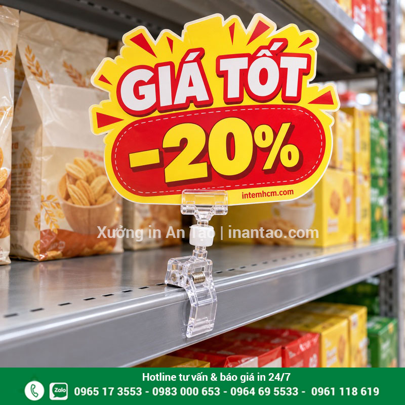 Chi tiết bộ kẹp gắn biển quảng cáo trên kệ Kẹp nhựa trong gắn mép kệ giữ biển khuyến mãi màu vàng đỏ