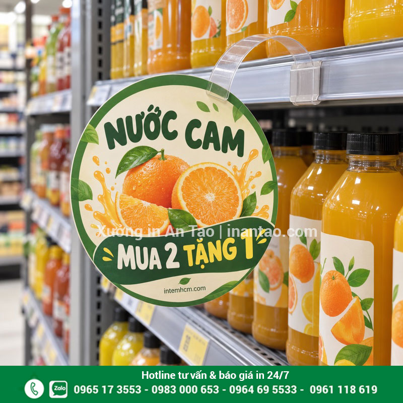 Gợi ý bố trí biển khuyến mãi tại kệ siêu thị Biển mua hai tặng một cho nước cam gắn trên thanh nhựa tại kệ siêu thị