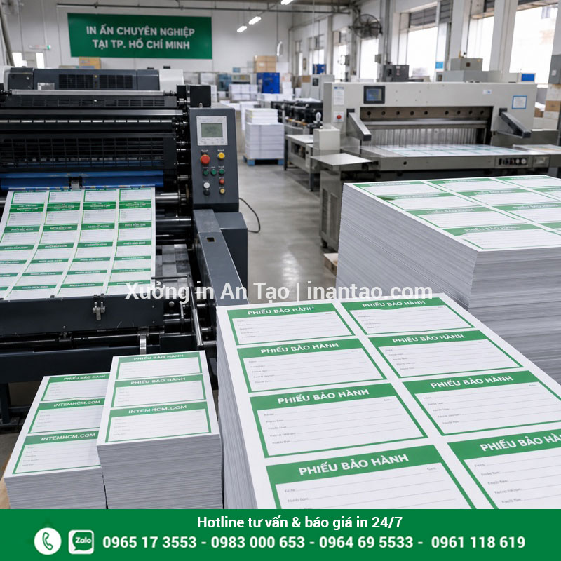 Quy trình sản xuất phiếu bảo hành tại xưởng intemhcm.com Xưởng in phiếu bảo hành tại TP HCM với máy in và máy cắt