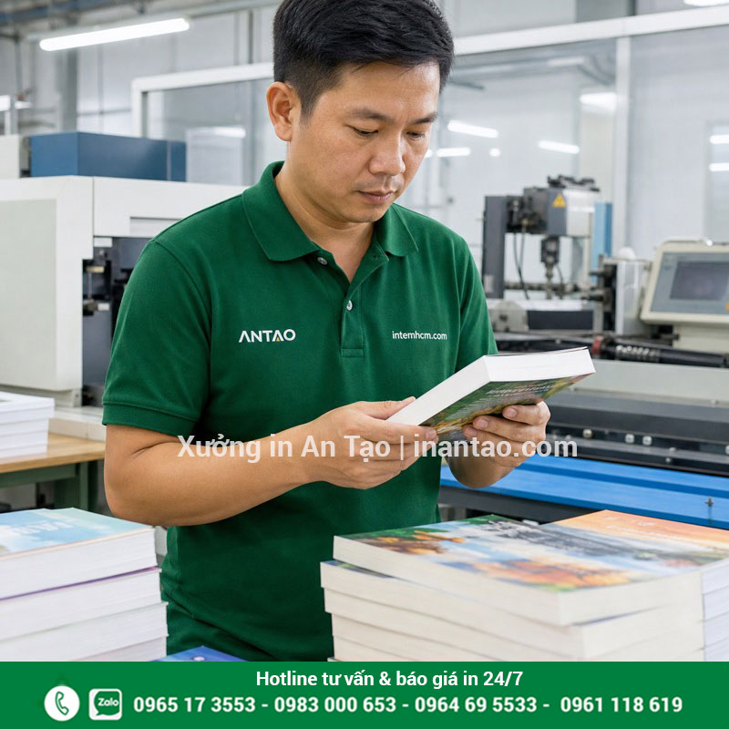 Kiểm tra chất lượng sách hoàn thiện tại xưởng intemhcm.com Nhân viên Việt Nam kiểm tra thành phẩm tại xưởng in sách